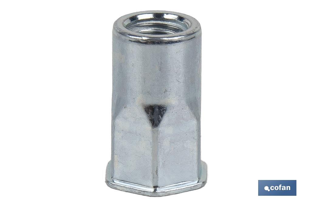 TUERCAS REMACHABLES SEMIHEXAGONAL FONDO ABIERTO CABEZA REDUCIDA ACERO M10 X 20,5 (PACK: 200 UDS)