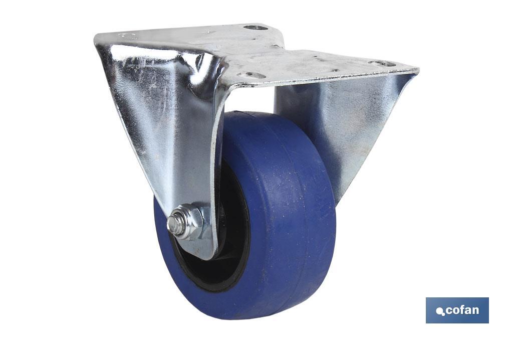 Rueda de goma azul fija | Con cojinete de rodillo | Para pesos de hasta 150 kg y diámetros de 80, 100 y 125 mm